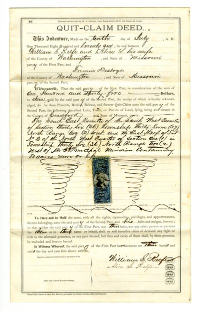 Quit Claim Deed Signed by William S. Reefe and Alice L. Reefe of Washington County, July 10, 1871 by William S. Reefe